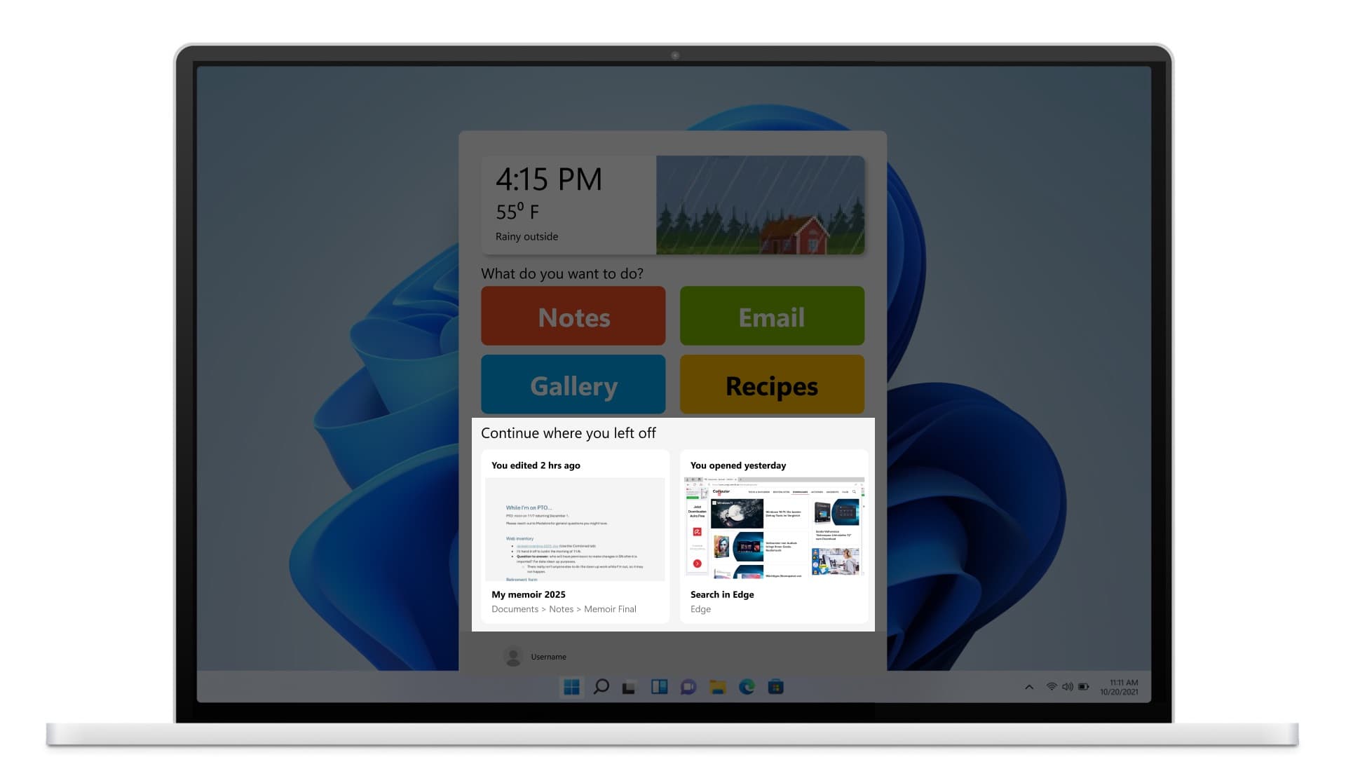 The redesigned Start Menu: action-grouped tools with Word/Excel-style thumbnail previews and the enlarged time-and-weather widget.