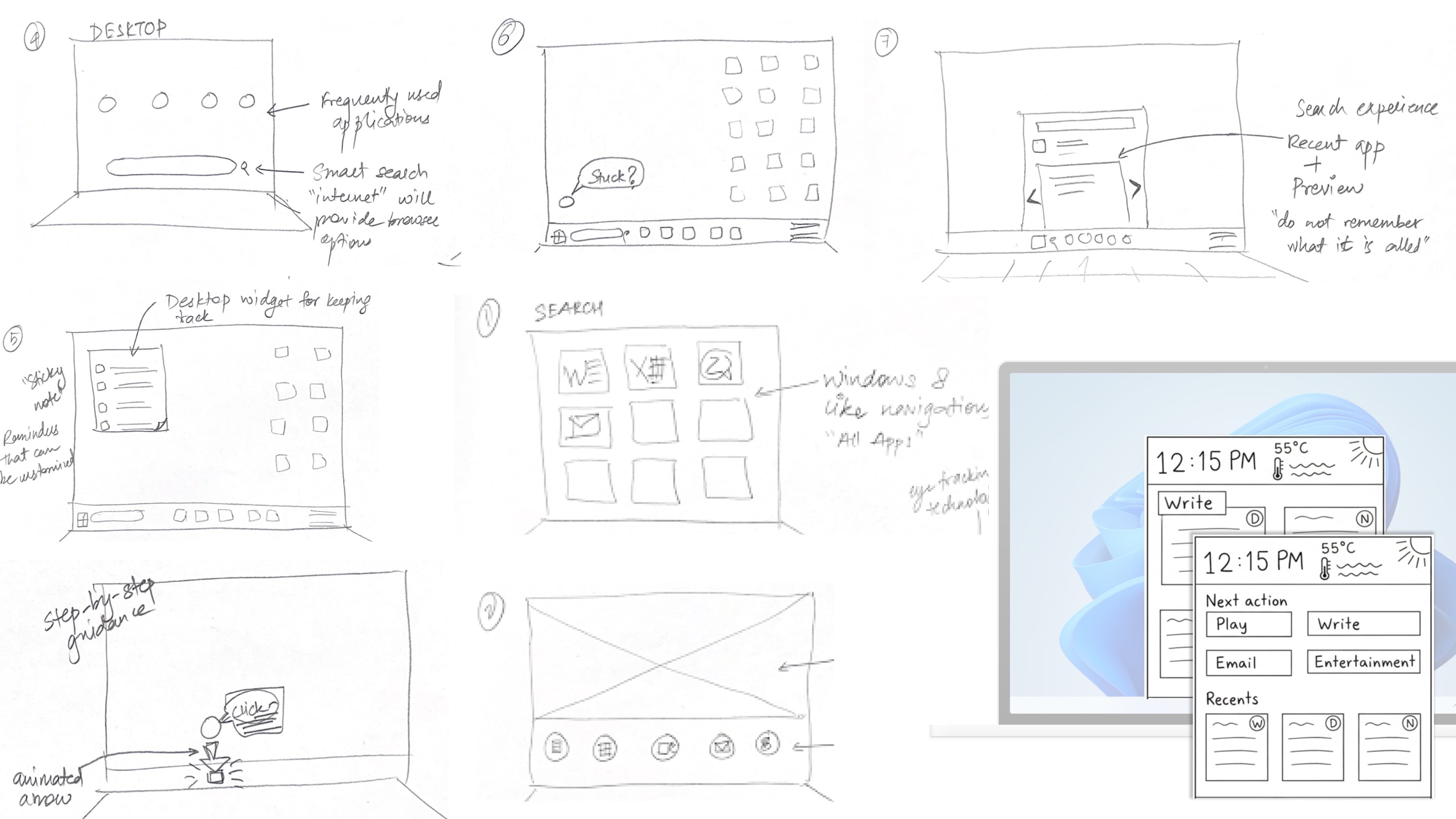 Early sketches of Start Menu directions, including the discarded Windows 8-style concept.