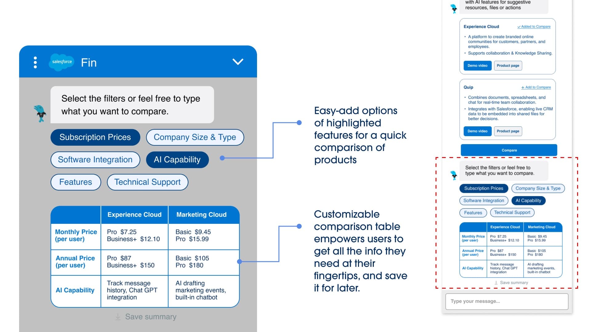 Saved/starred collection panel and the generated downloadable summary.